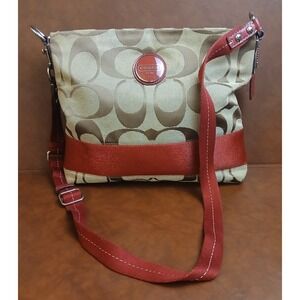 Coach Signature Stripe Red Khaki Tote Bag F17435 Canvas Leather Shoulder #1485